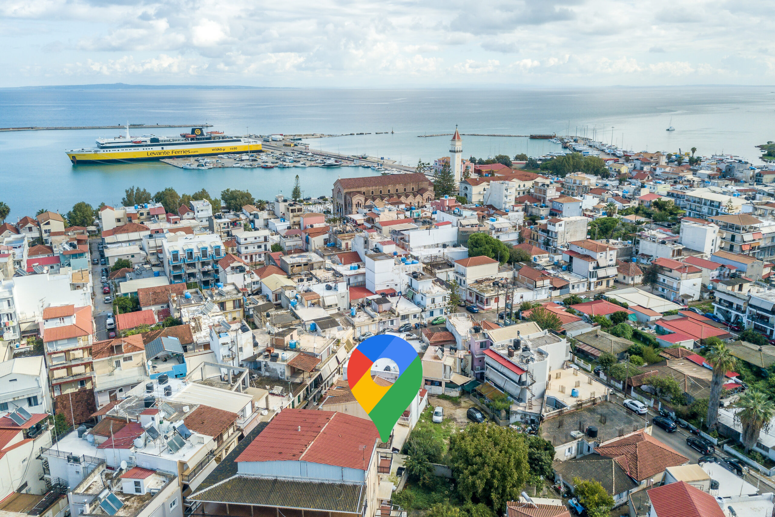 Aerial view of Zakynthos Town and port